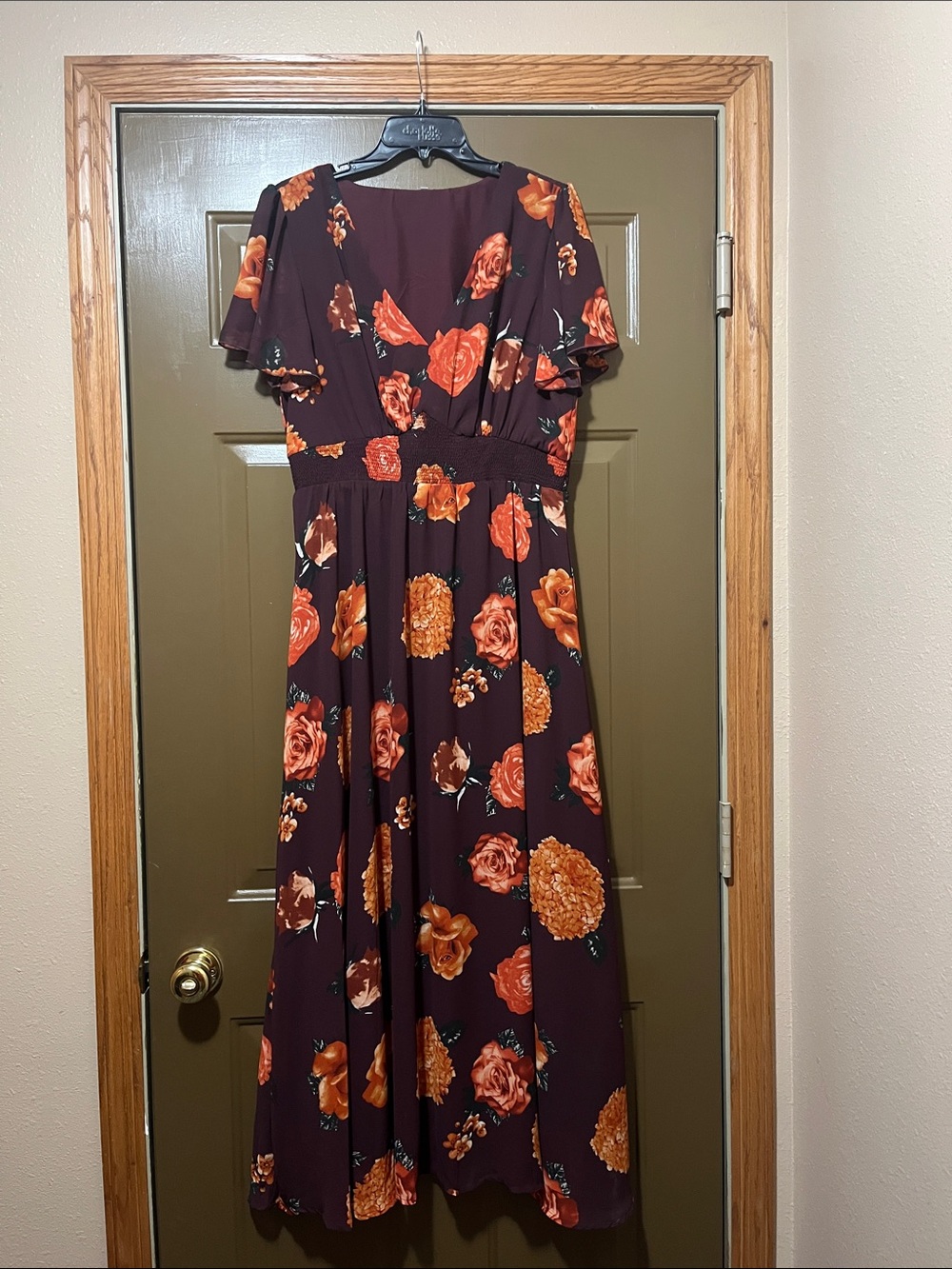 Floral V-Neck Maxi Dress in Wine with Orange Blooms